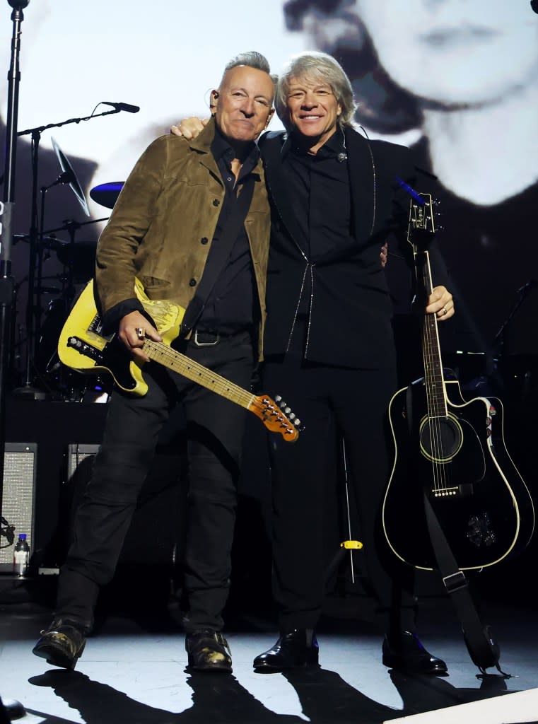 “We’ve become good friends, and we can talk openly, honestly, deeply,” says Bon Jovi of Springsteen in “Thank You, Goodnight.” Getty Images for The Recording Academy