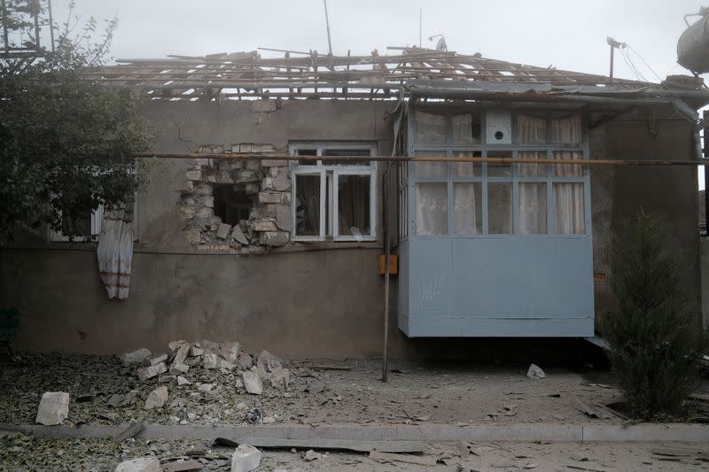 A house, which locals said was damaged during a recent shelling by Azeri forces, is pictured at the town of Martuni in the breakaway region of Nagorno-Karabakh