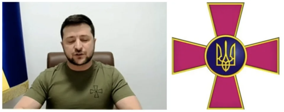 Screenshot comparison of Zelensky giving his March 16 address on the Left and the symbol of Ukraine's Armed Forces on the Right