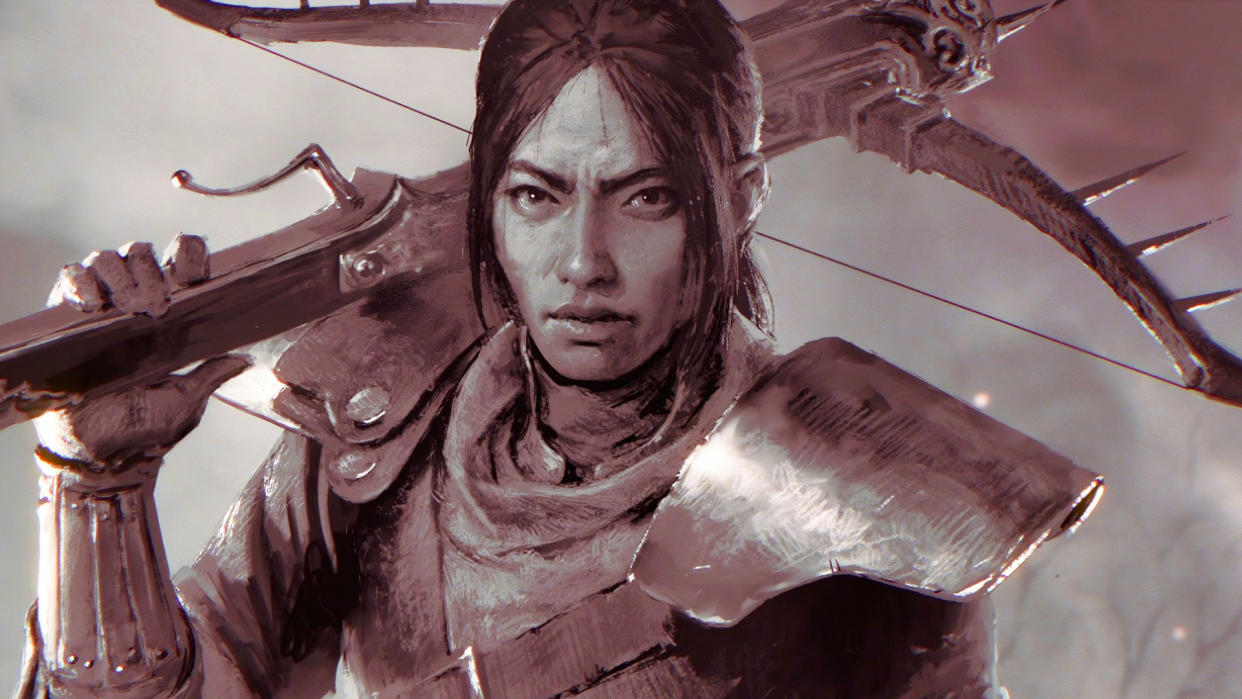  Close-up shot of woman in grayscale holding crossbow over her shoulder. 