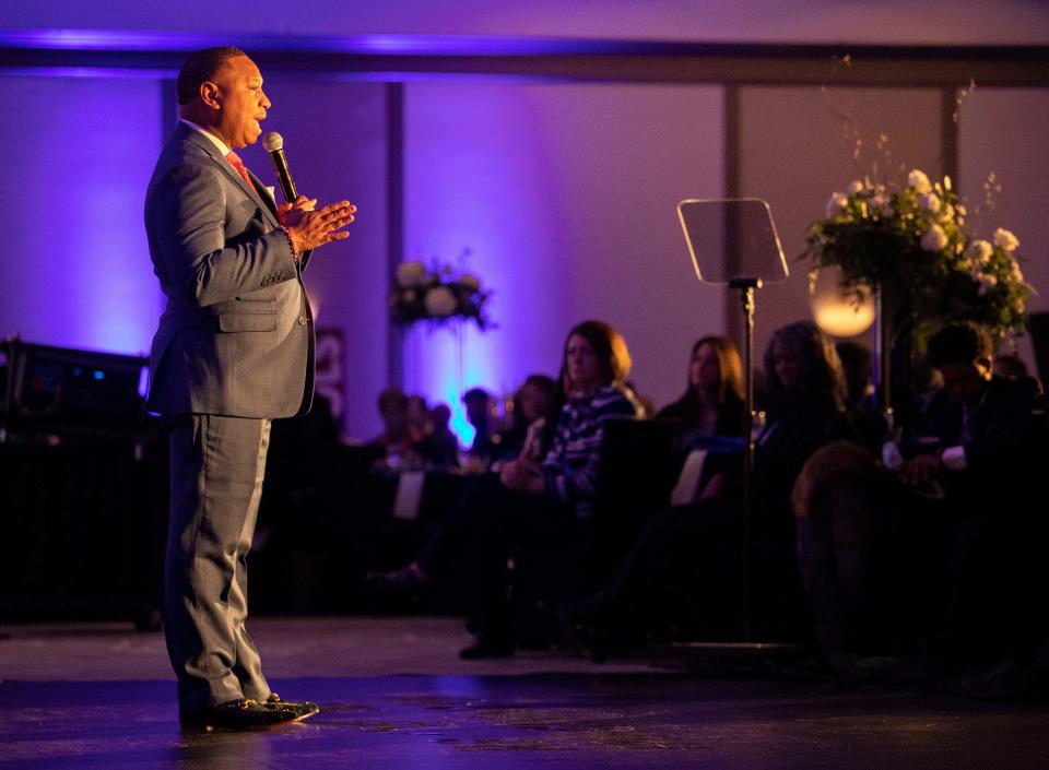 Superintendent of Shelby County Schools Joris Ray speaks during a state-of-the-district address Wednesday, Feb. 23, 2022, at the Hilton in Memphis.