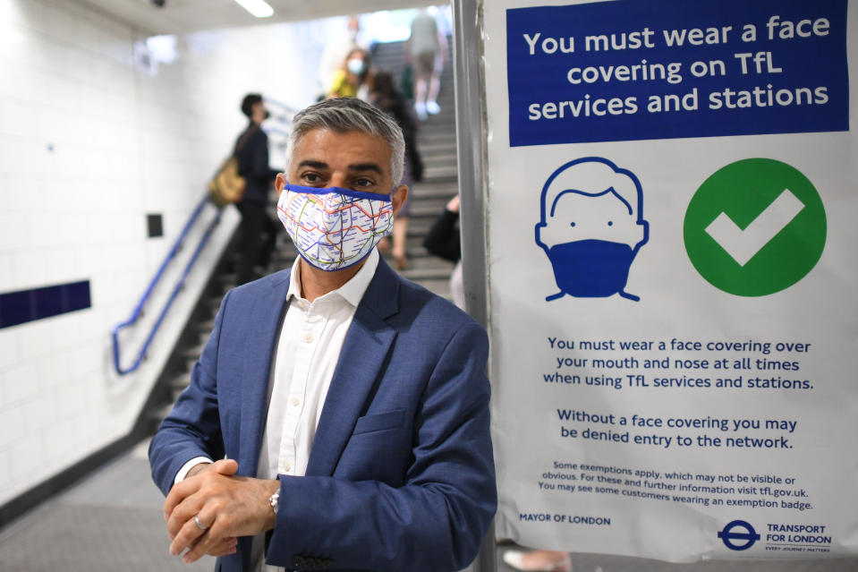 <p>Mayor of London Sadiq Khan at Bond Street underground station before his walkabout in Oxford Street, London after the final legal Coronavirus restrictions were lifted in England. Picture date: Monday July 19, 2021.</p>
