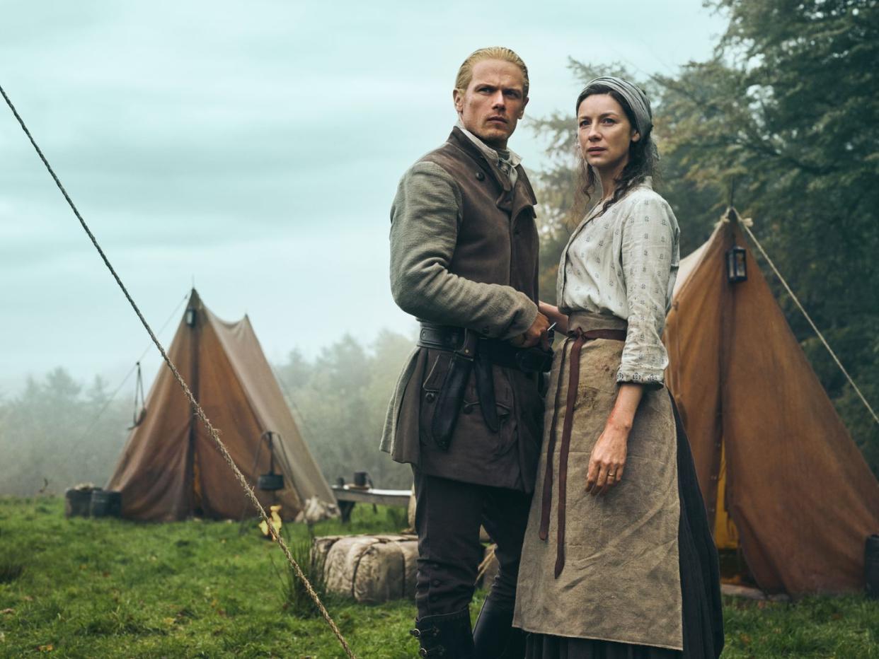 sam heughan as jamie fraser, caitriona balfe as claire fraser, outlander season 7