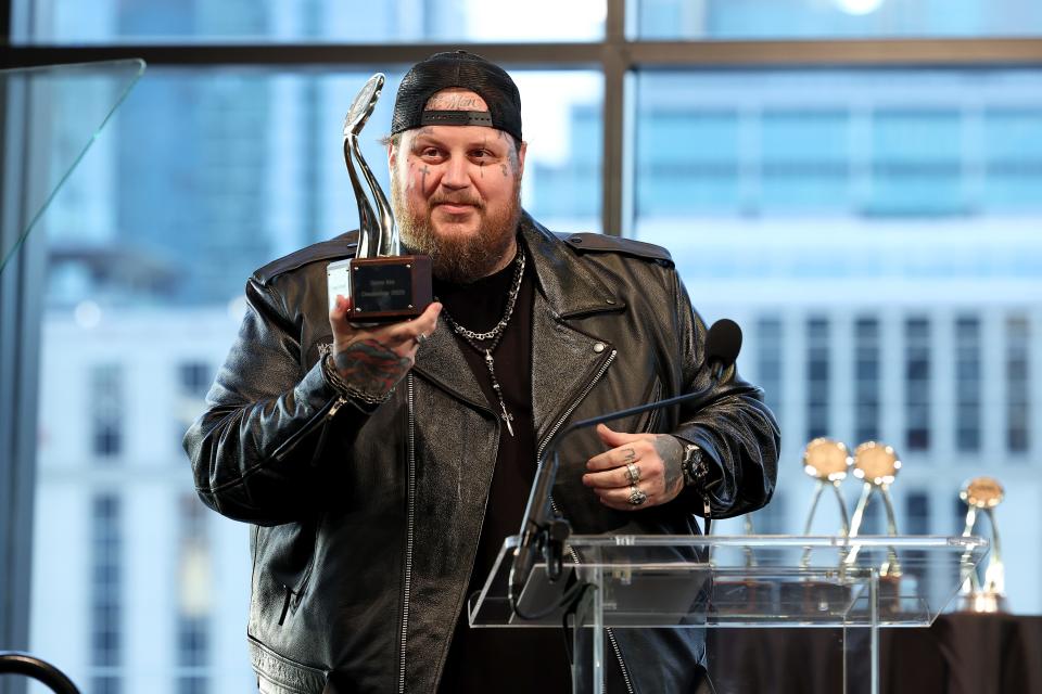 CMA Triple Play Award recipient Jelly Roll speaks onstage during the 14th CMA Triple Play Awards at Country Music Hall of Fame and Museum on April 15, 2024 in Nashville, Tennessee.