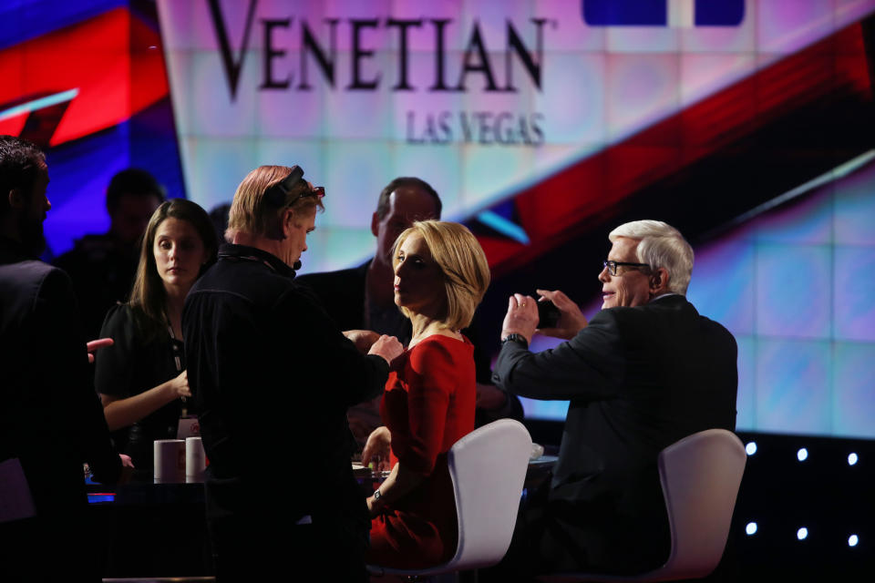 CNN reporter Dana Bash, second from right, prepares for the first round of the CNN Republican presidential debate.&nbsp;