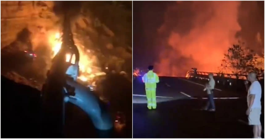 中國廣東省梅大高速公路驚傳坍塌意外，數十部車輛當場墜落深坑爆炸起火，導致24死30傷的憾事。（圖／擷取自微博）