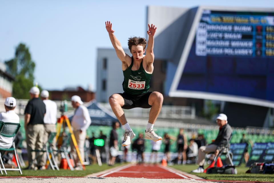 West Salem’s Logan Hilty competes in the triple jump in the OSAA 6A state championships on Friday, May 17, 2024 at Hayward Field in Eugene, Ore.