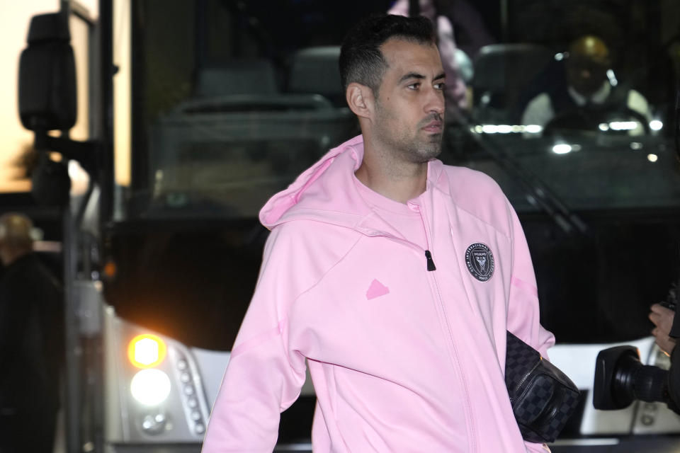 Inter Miami midfielder Sergio Busquets arrives for the team's MLS soccer match against Real Salt Lake, Wednesday, Feb. 21, 2024, in Fort Lauderdale, Fla. (AP Photo/Lynne Sladky)