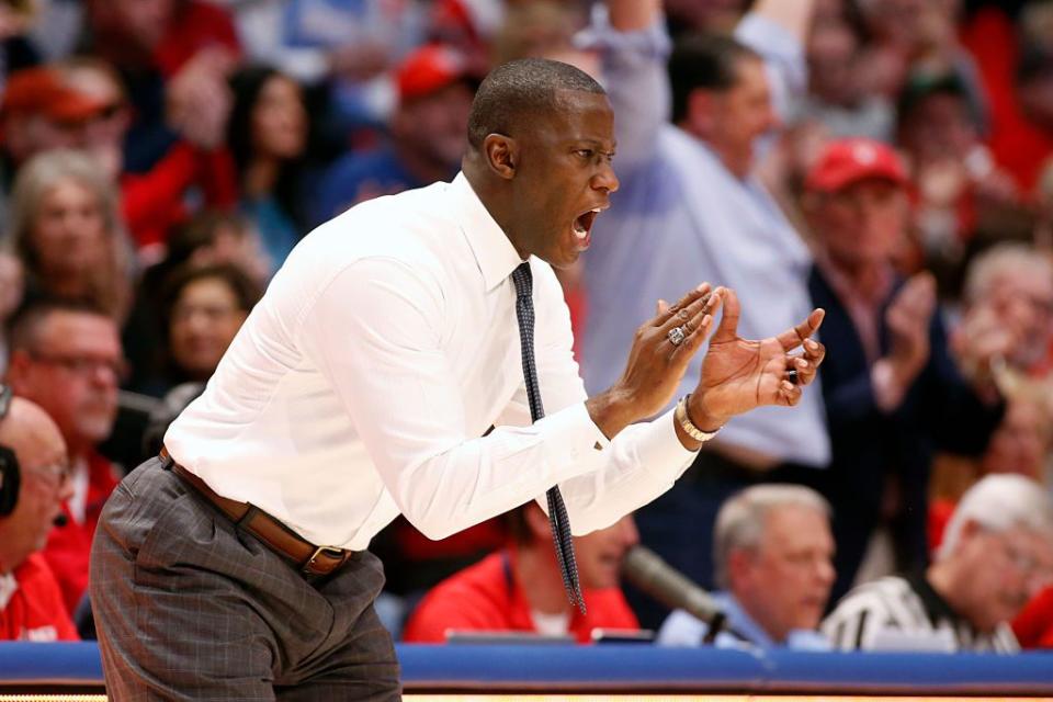 DAYTON, OHIO - FEBRUARY 22: Head coach Anthony Grant of the Dayton Flyers yells out to his team in the game against the Duquesne Dukes during the second half at UD Arena on February 22, 2020 in Dayton, Ohio. (Photo by Justin Casterline/Getty Images)