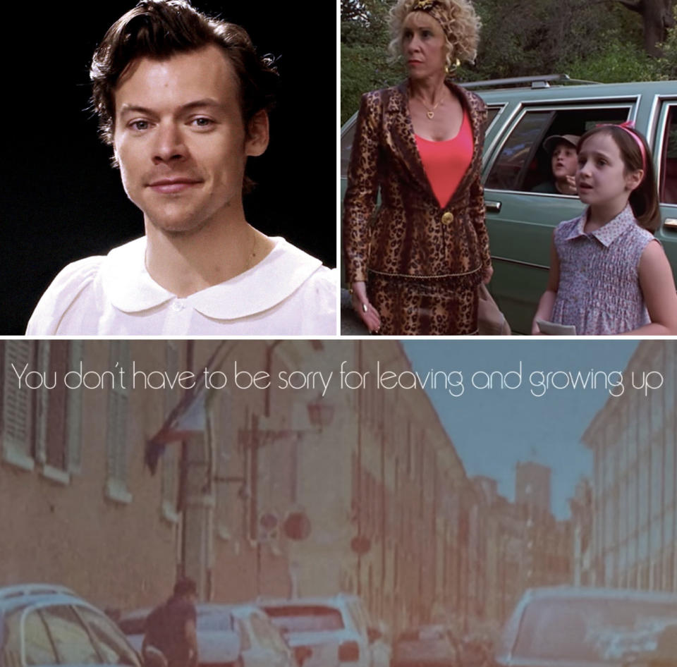 Styles in a promo for "Harry's House" next to Matilda and Mrs. Wormwood from "Matilda"