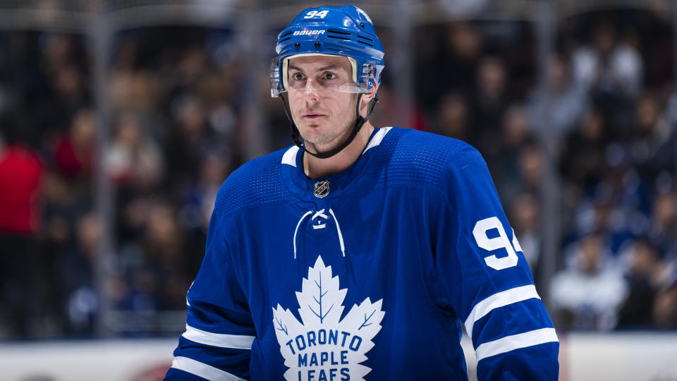 TORONTO, ON - FEBRUARY 11: Tyson Barrie #94 of the Toronto Maple Leafs skates against the Arizona Coyotes during the first period at the Scotiabank Arena on February 11, 2020 in Toronto, Ontario, Canada. (Photo by Mark Blinch/NHLI via Getty Images)