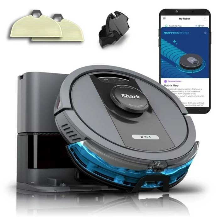 Shark robot vacuum with mopping attachment and a smartphone app displayed