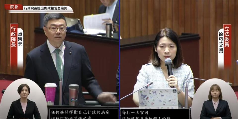 國民黨立委徐巧芯（右）7日質詢行政院長卓榮泰（左）。（摘自國會頻道）