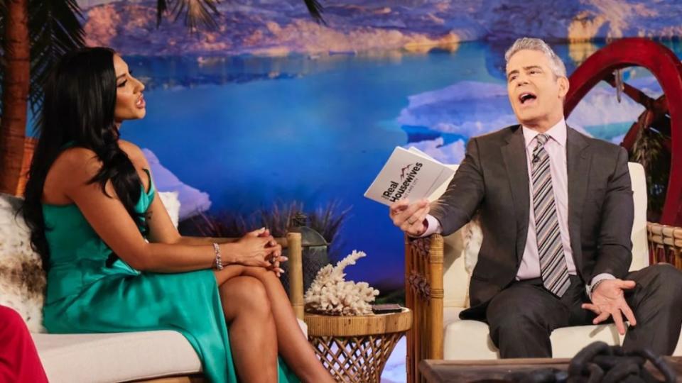 Monica Garcia and Andy Cohen on the set of "The Real Housewives of Salt Lake City" Season 4 Reunion (Bravo)