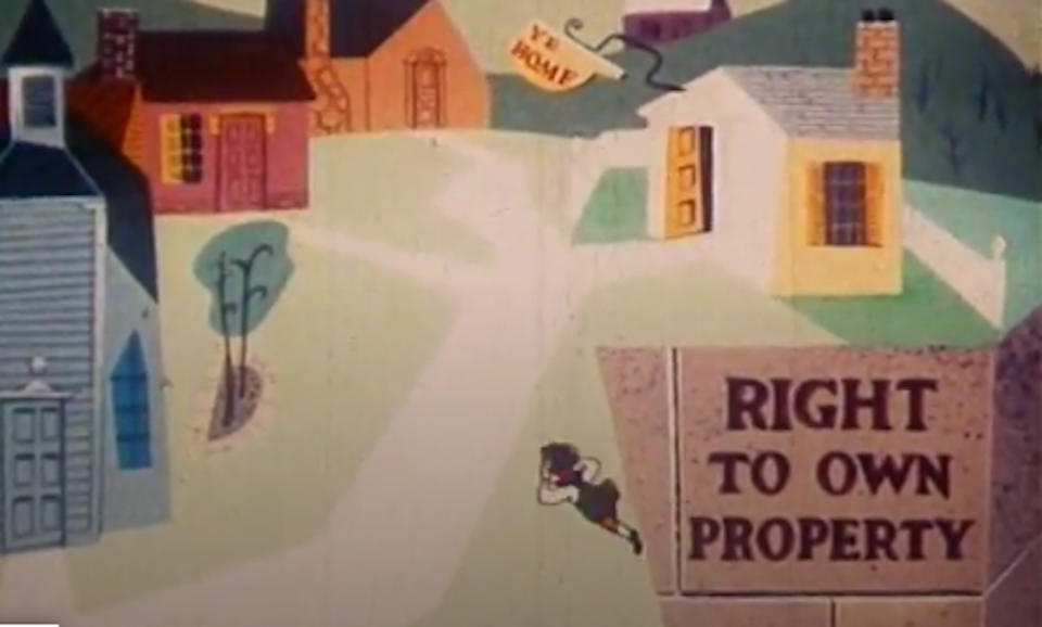 A screenshot from one of the corporate Cold War-era cartoons linking the Bill of Rights to free-enterprise ideology. <a href="https://archive.org/details/ItsEvery1954" rel="nofollow noopener" target="_blank" data-ylk="slk:Internet Archive, Prelinger Collection;elm:context_link;itc:0;sec:content-canvas" class="link ">Internet Archive, Prelinger Collection</a>