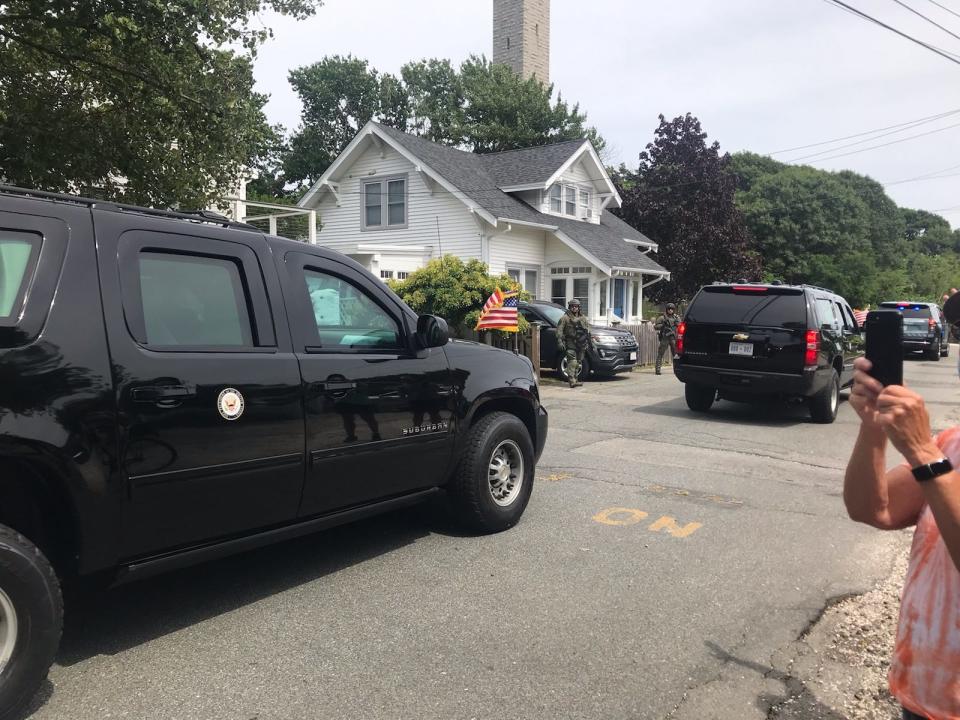 The motorcade carrying Vice President Kamala Harris heads up Winslow Street in Provincetown Saturday, July 20, 2024 to a fundraising event at Pilgrim Monument and Museum.