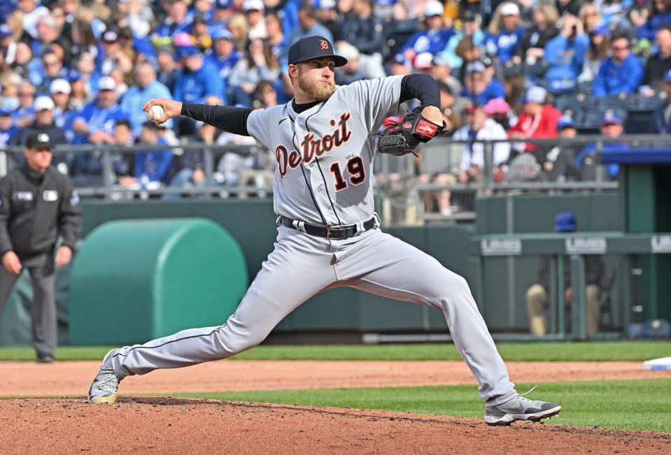 Tigers relief pitcher Will Vest delivers a pitch during the sixth inning April 16, 2022 against the Royals at Kauffman Stadium.