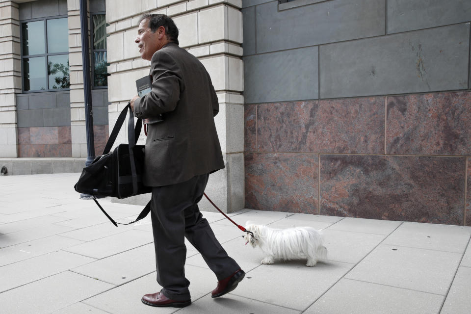 New York radio host Randy Credico, with his dog Bianca, walks away from federal court after appearing before Mueller's grand jury Friday, Sept. 7, 2018, in Washington. (Photo: Jacquelyn Martin/AP)                                                                                                                                                                                                                                                                                                                                                                                                                         