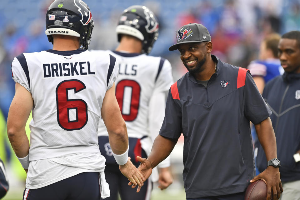 Pep Hamilton (right) has helped develop Andrew Luck, Justin Herbert and now Davis Mills, and has some vocal supporters of his résumé as an NFL head coaching candidate. (AP Photo/Adrian Kraus)