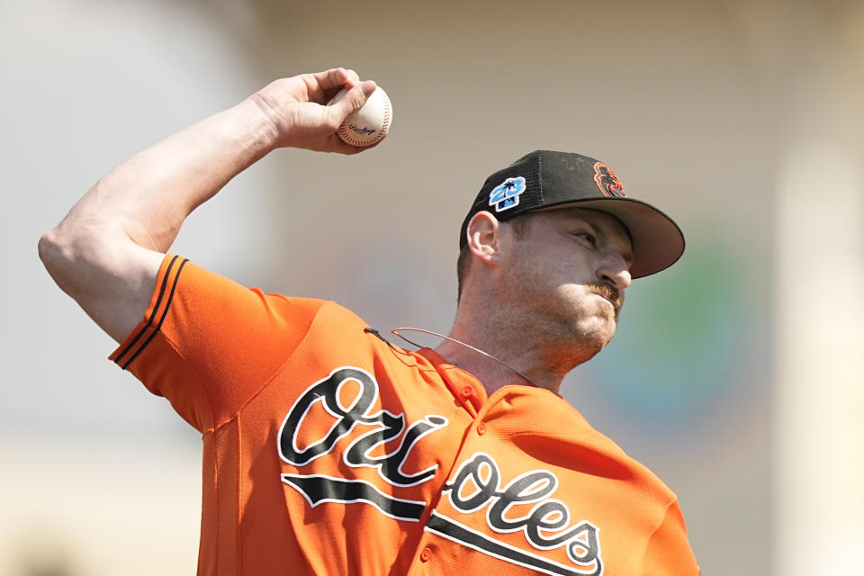 Baltimore Orioles relief pitcher Bryan Baker (43) delivers during a spring training baseball game against the Pittsburgh Pirates Tuesday, Feb. 28, 2023, in Bradenton, Fla. (AP Photo/Brynn Anderson)