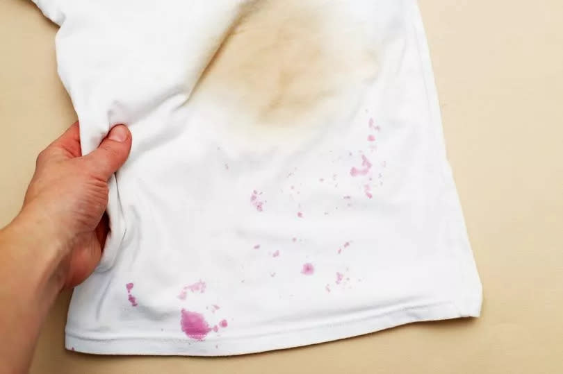 Dirty stains on a white T-shirt from berries and drink on brown background - stock photo