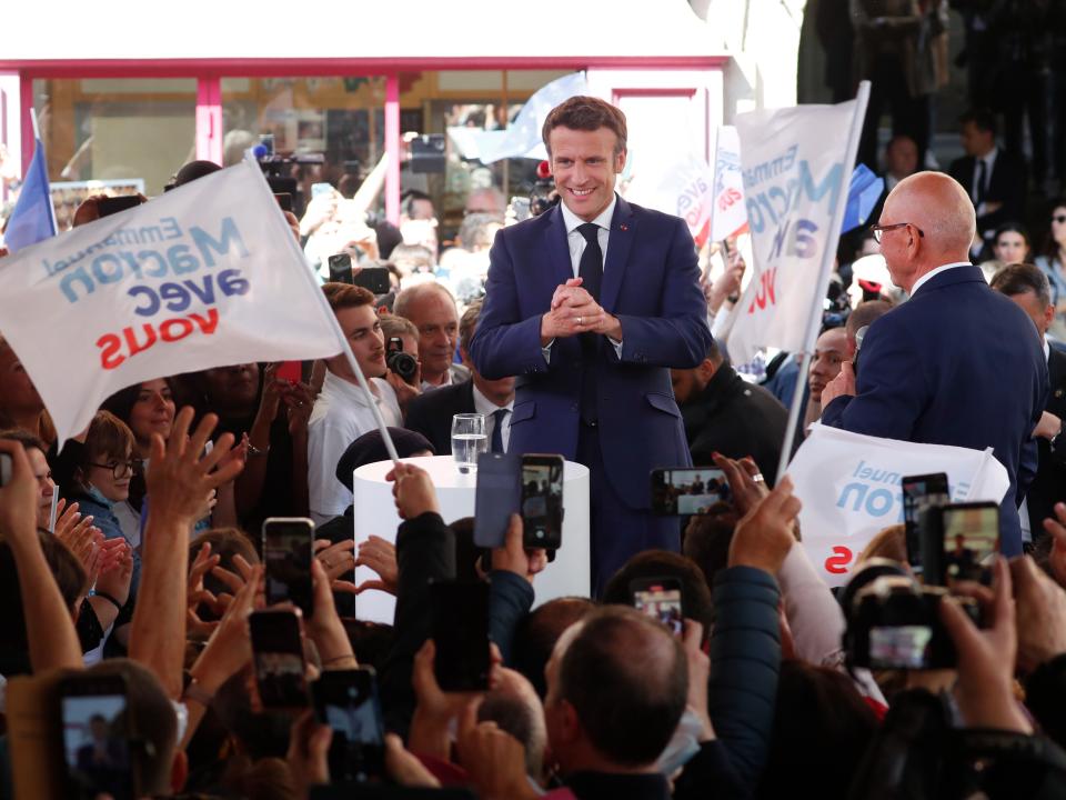 Emmanuel Macron holds his last camping meeting in Figeac (EPA)