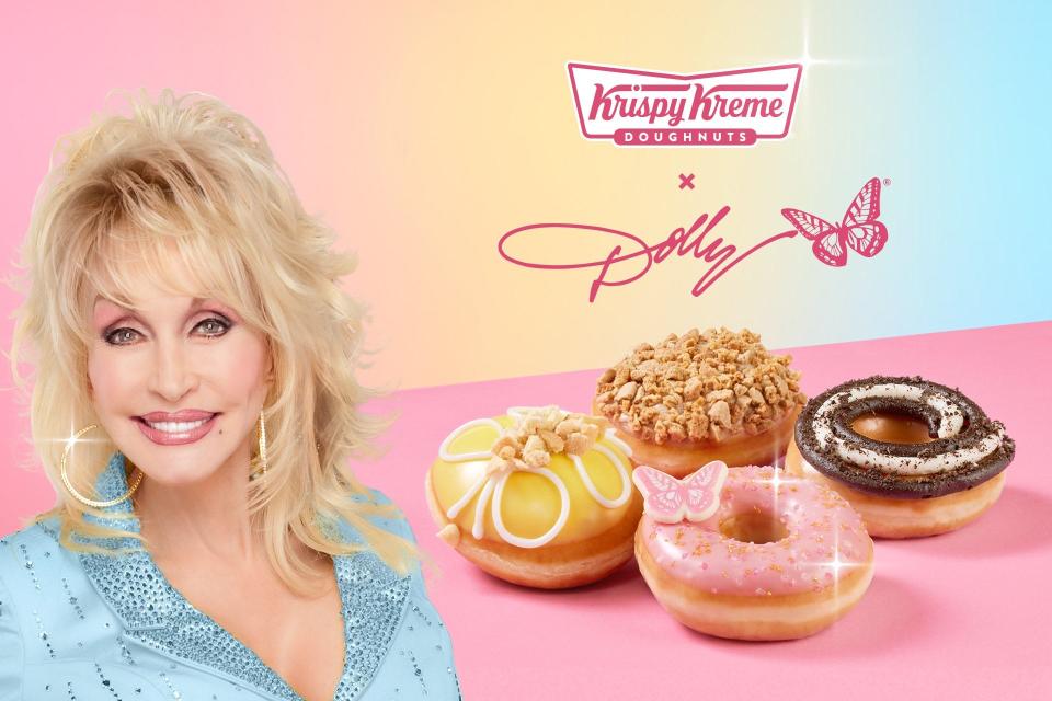 Krispy Kreme has teamed up with Dolly Parton to unveil the "Dolly Southern Sweets Doughnut Collection," available starting Tuesday and for a limited time.