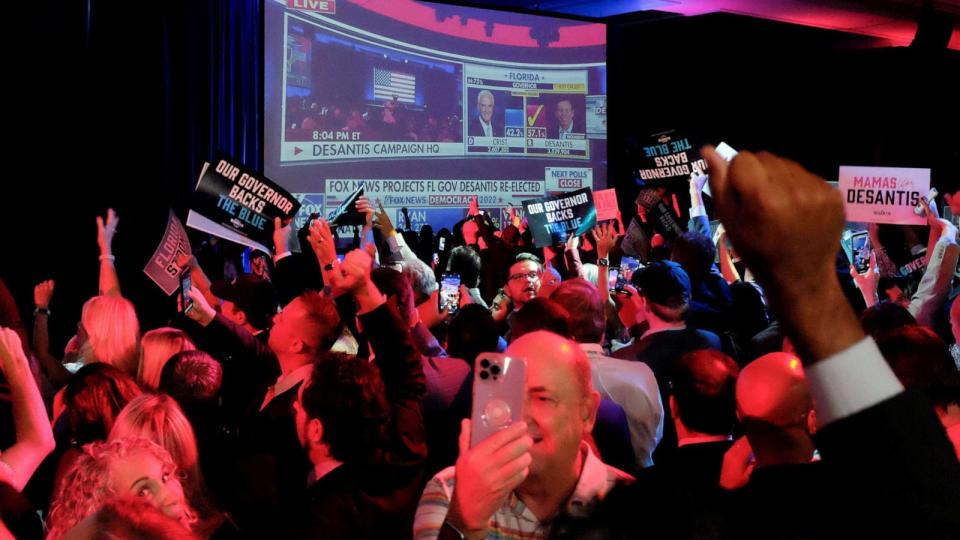 PHOTO: Supporters of Republican Florida Governor Ron DeSantis react to a television network declaring DeSantis the winner of his race for re-election at his election night party in Tampa, Fla., Nov. 8, 2022. (Marco Bello/Reuters)