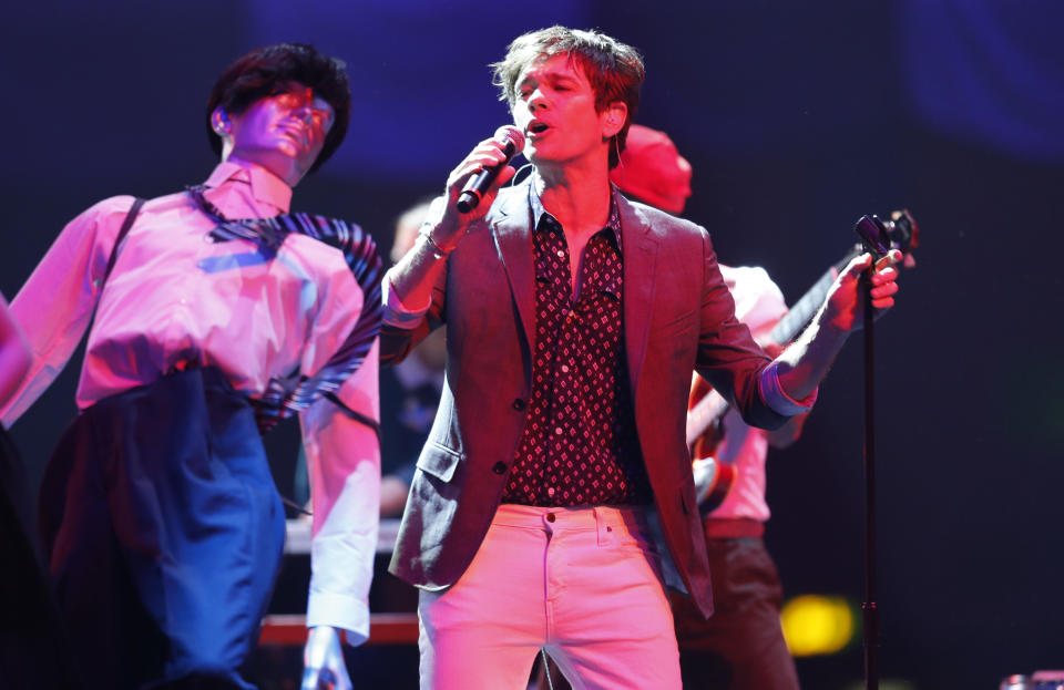 US band 'fun.' perform during the 2012 MTV European Music Awards show at the Festhalle in Frankfurt, central Germany, Sunday, Nov. 11, 2012. (AP Photo/Michael Probst)