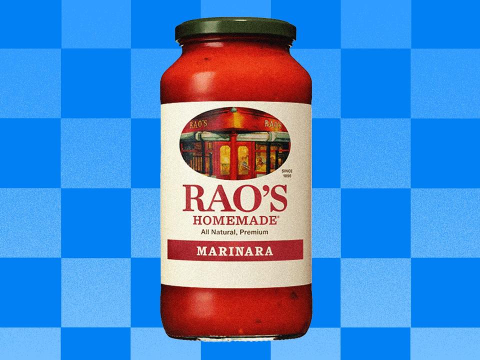 Rao's Marinara Sauce in front of a blue checkered background