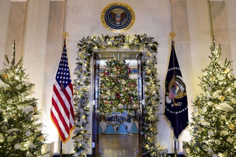 The official White House Christmas Tree is seen during a holiday media preview at the White House in Washington, D.C., on Monday. First Lady Jill Biden announced the 2023 White House holiday theme: The "Magic, Wonder, and Joy" of the holidays. Photo by Leigh Vogel/UPI