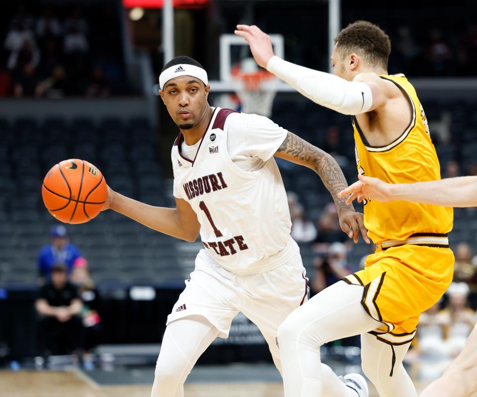 Missouri State guard Isiaih Mosley (1) looks to pass during a game against Valparaiso at the Missouri Valley Conference Tournament, Friday, March 4, 2022, at Enterprise Center in St. Louis. 