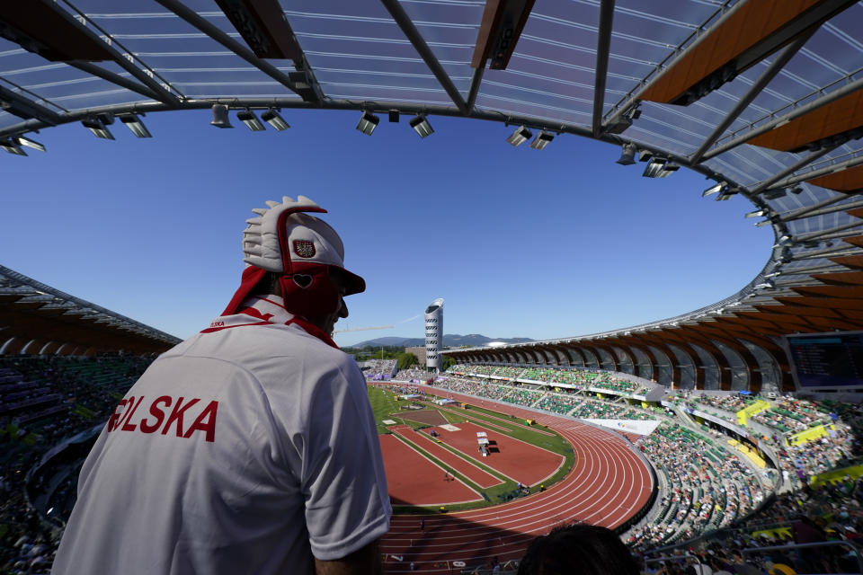 Fans watch during the World Athletics Championships on July 22, 2022, in Eugene, Ore. The running mecca that embedded Nike into American culture was an easy choice to host the first track world championships on U.S. soil. It will take time to determine whether Eugene, Oregon lived up to expectations.They say sagging viewership totals and flat revenue across the broader Olympic world make it critical to bring the cornerstone sport of the games back to its glory days in the U.S. before they return to Los Angeles in 2028. (AP Photo/Gregory Bull)