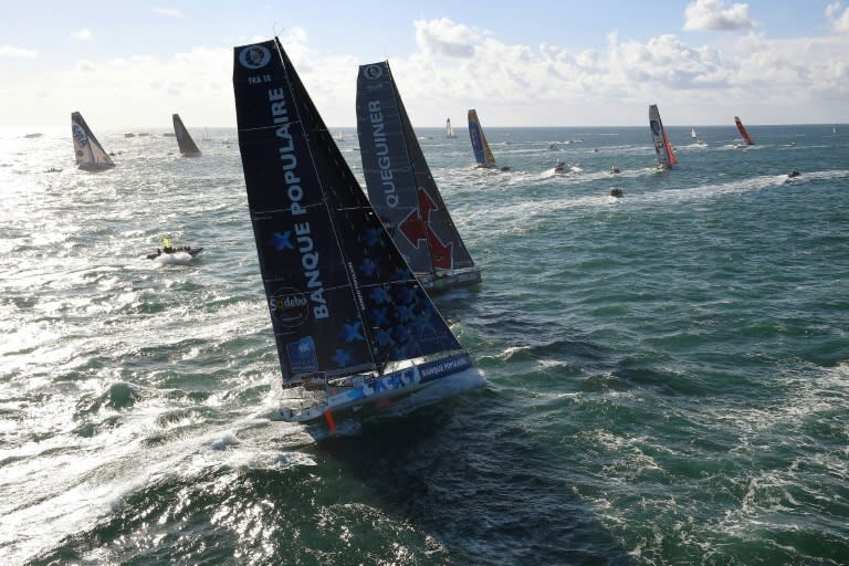 French skipper Armel Le Cleac'h sails on his Class Imoca monohull "Banque Populaire" after the start of the Vendee Globe solo around-the-world race on November 6, 2016 off the coast of Les Sables-d'Olonne France