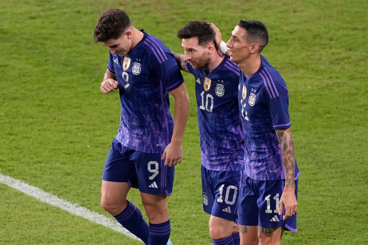 Lionel Messi, centre, netted his 91st goal for Argentina in their pre-World Cup friendly (Hussein Malla/AP) (AP)