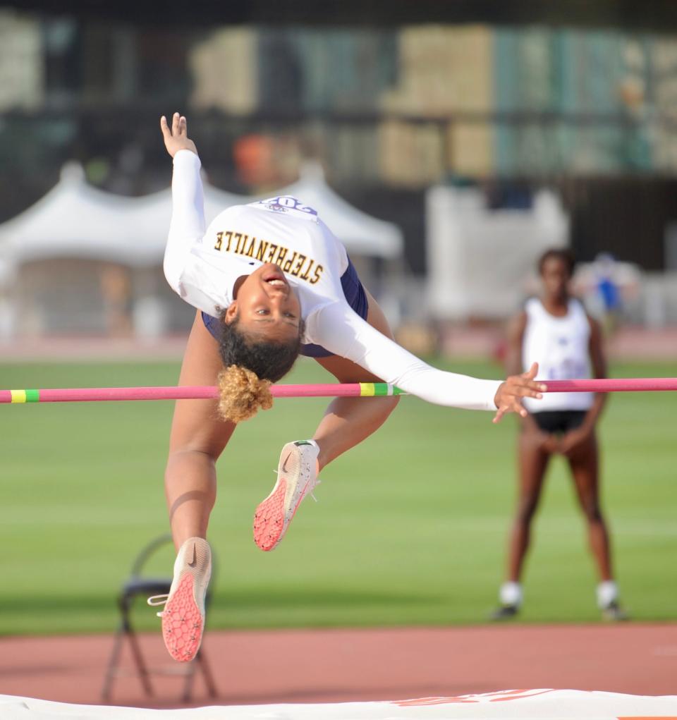 Stephenville's Keirstyn Carlton competes in the girls high jump at the state track and field meet in Austin on Thursday.