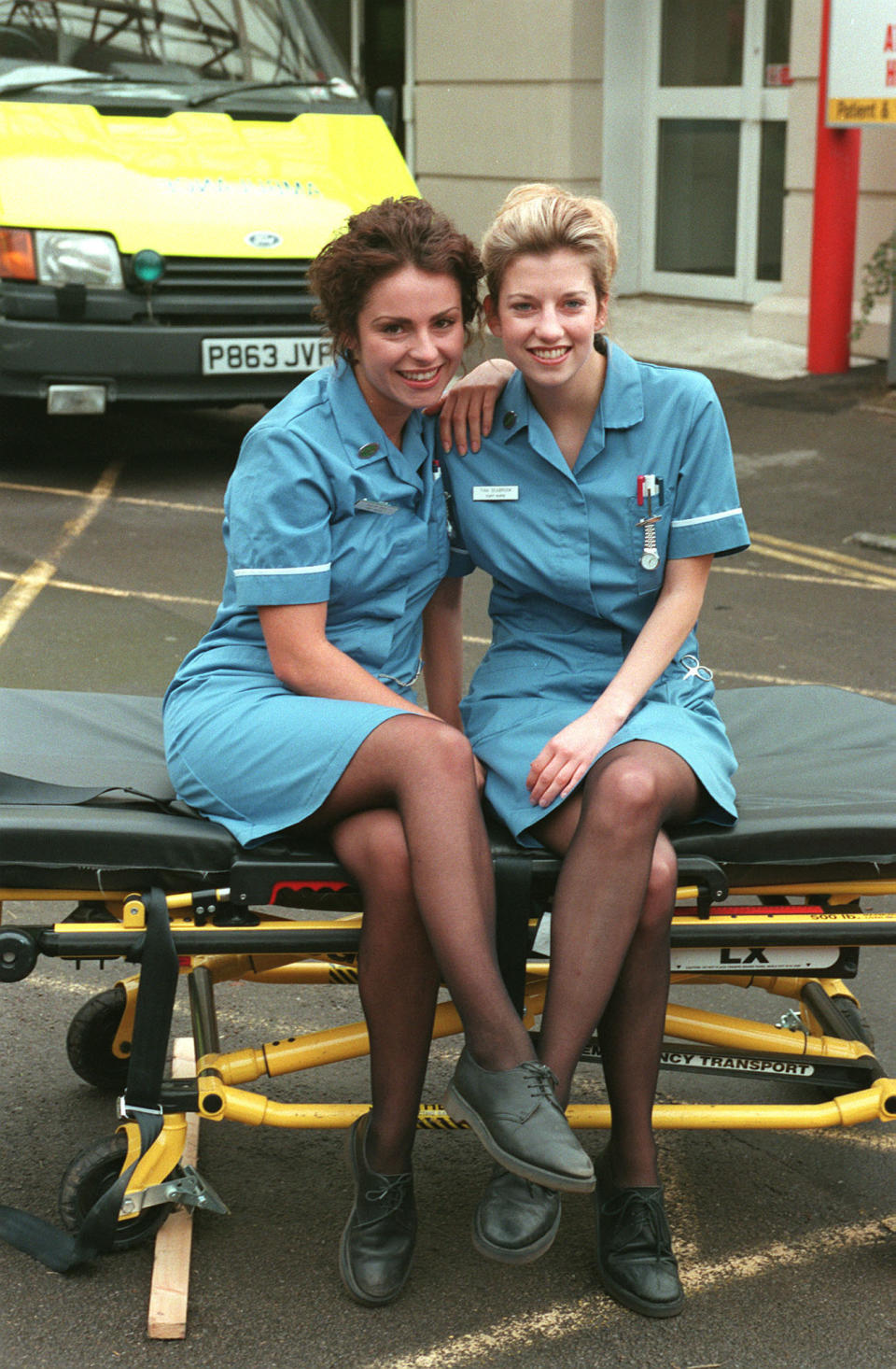 JAN ANDERSON (LEFT) WHO PLAYS STAFF NURSE CHLOE HILL WITH CLAIRE GOOSE WHO PLAYS STAFF NURSE TINA SEABROOK IN THE BBC TV HOSPITAL DRAMA, CASUALTY.   (Photo by Jay Williams - PA Images/PA Images via Getty Images)