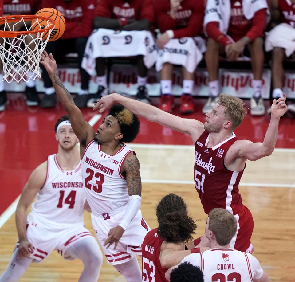 Wisconsin guard Chucky Hepburn drives past Nebraska forward Rienk Mast to score during the first half Saturday at the Kohl Center. Hepburn finished with 13 points.