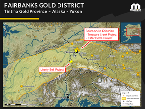 Tintina Gold Province. Major gold deposits are shown as gold-filled circles. Millrock / Felix Gold projects shown as yellow stars.