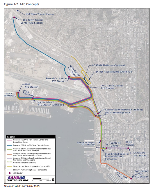 A screenshot of a map in a SANDAG report showing the different route options for a proposed automated people mover connecting to San Diego International Airport. (Courtesy of SANDAG)