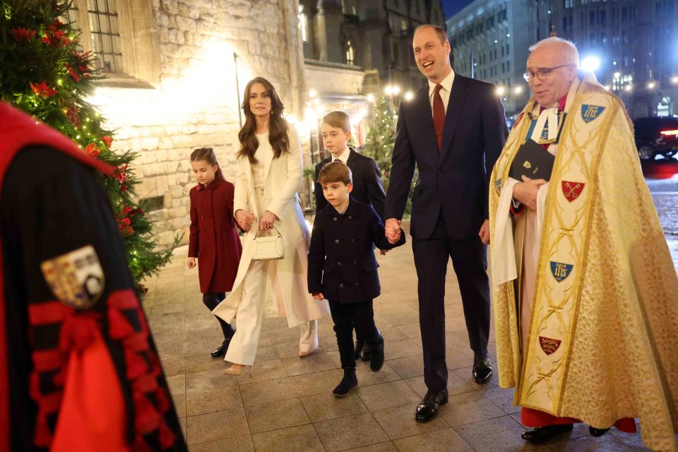 <p>Chris Jackson/Getty</p> Prince George, Princess Charlotte and Prince Louis attend Christmas concert with parents on Dec. 8, 2023