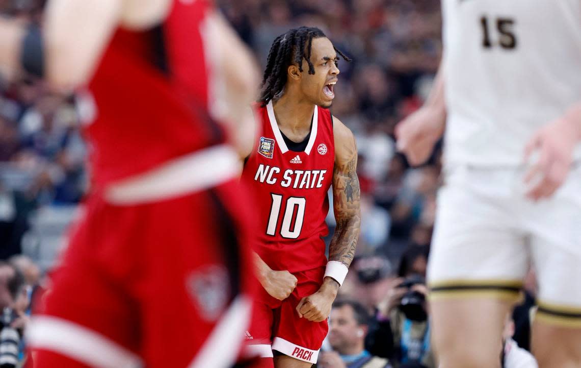 N.C. State’s Breon Pass (10) celebrates hitting a basket during the first half of N.C. State’s game against Purdue in the NCAA Tournament national semfinals at State Farm Stadium in Glendale, Ariz., Saturday, April 6, 2024. Ethan Hyman/ehyman@newsobserver.com