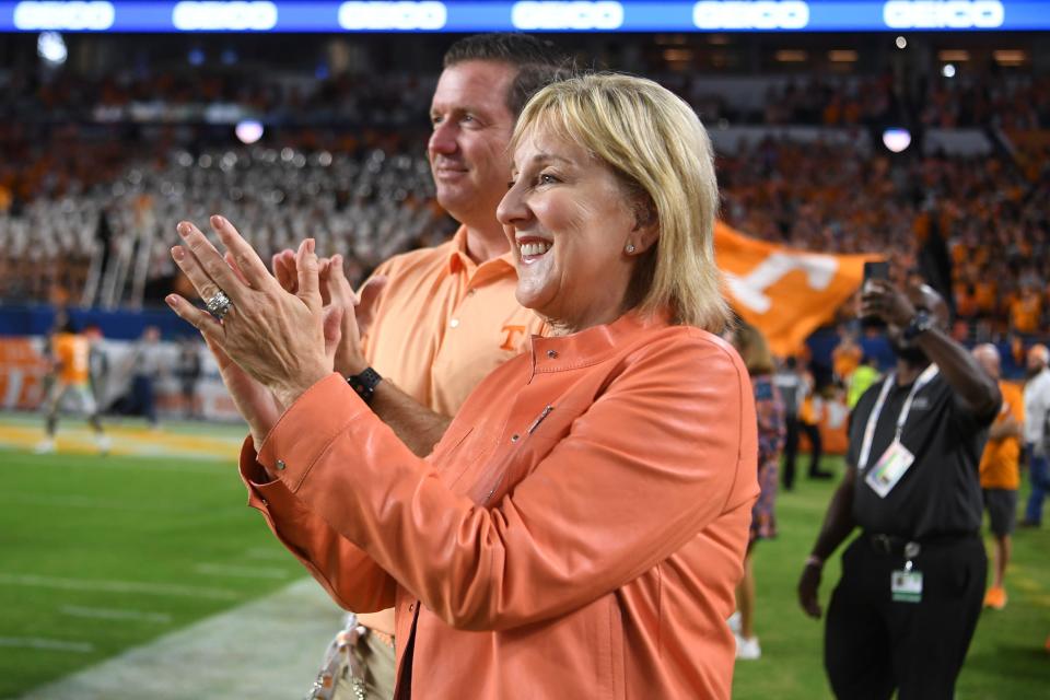 Chancellor Donde Plowman and Athletic Director Danny White cheer after the Orange Bowl game between the Tennessee Vols and Clemson Tigers at Hard Rock Stadium in Miami Gardens, Fla. on Friday, Dec. 30, 2022. Tennessee defeated Clemson 31-14.