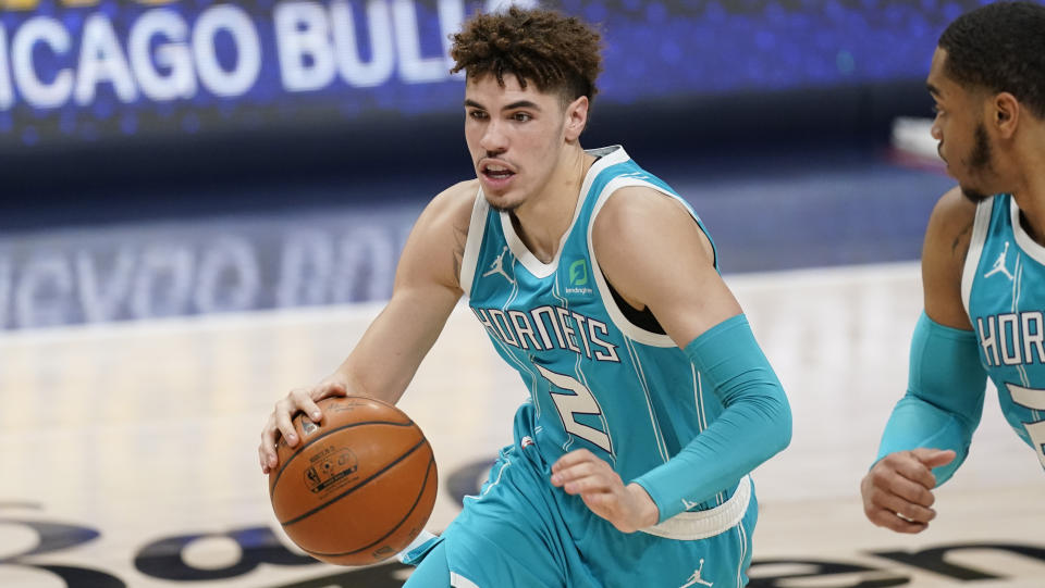 Charlotte Hornets guard LaMelo Ball (2) in the second half of an NBA basketball game Wednesday, March 17, 2021, in Denver. (AP Photo/David Zalubowski)