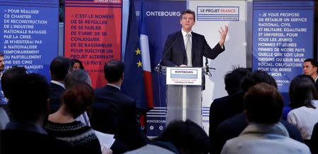 French Socialist Party primary election candidate Arnaud Montebourg announces his program in Paris, France, January 4, 2017. REUTERS/Jacky Naegelen