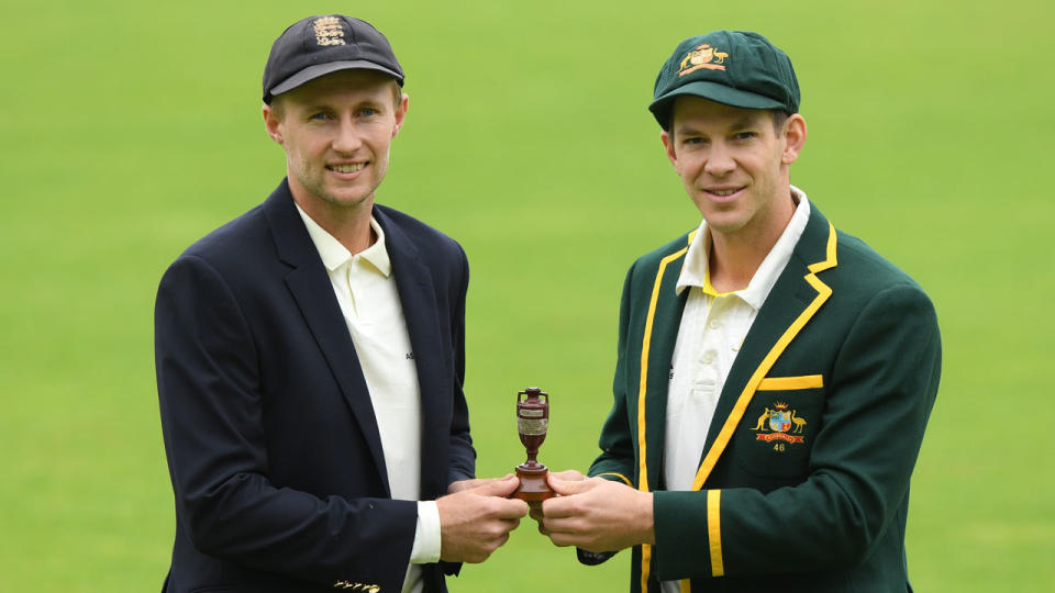 Joe Root and Tim Paine hold the Ashes urn ahead of Thursday's opener. Pic: Getty