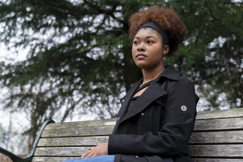 Kaniya Harris, a senior at American University, poses for a portrait at the university's campus in Washington, Monday, Feb. 12, 2024. Abortion rights advocates are trying to get initiatives to protect reproductive on the ballot in several states this year, and one major difference has emerged in their proposed language — whether to include mental health as an exception. (AP Photo/Stephanie Scarbrough)