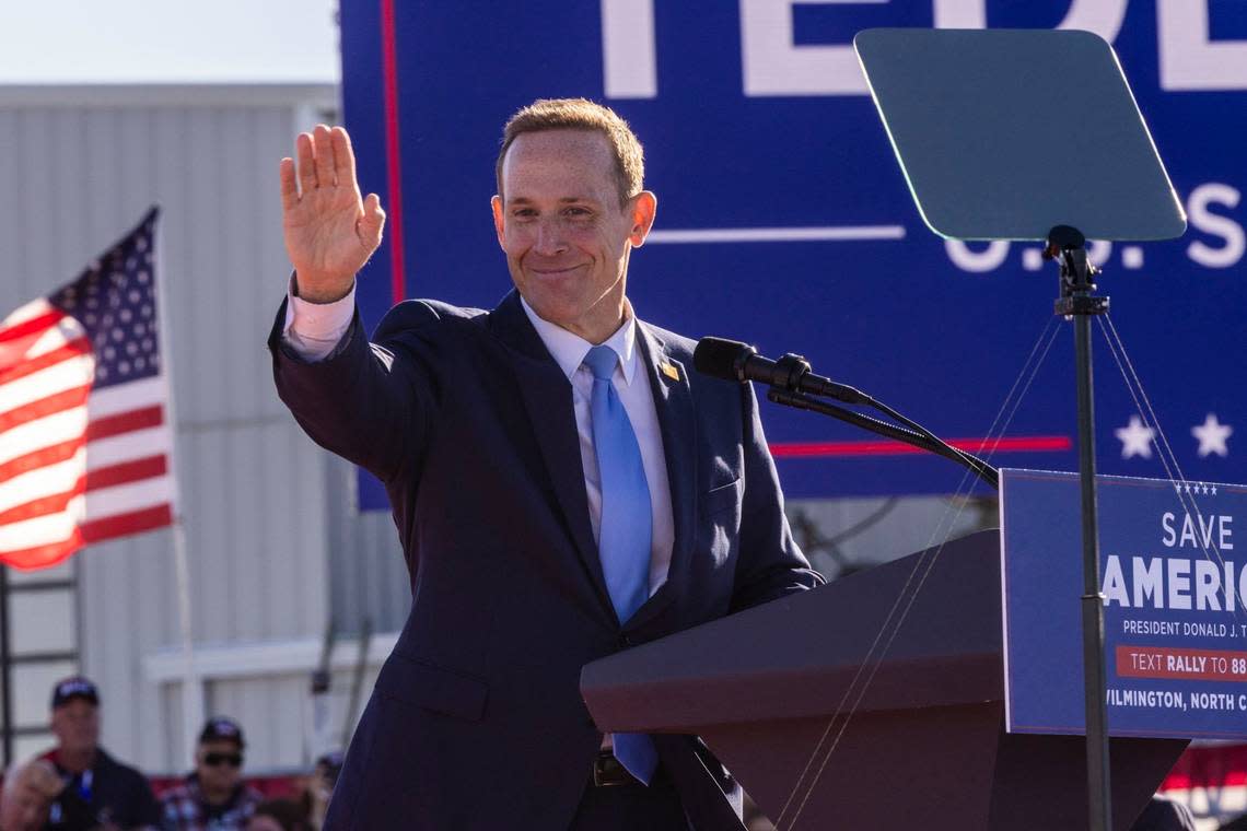 District 13 U.S. Rep. and U.S. Senate candidate Ted Budd takes the leaves the stage during a rally featuring former president Donald Trump at Wilmington International Airport Friday, Sept. 23, 2023.