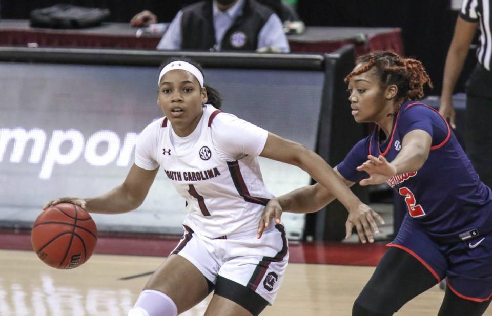 South Carolina Gamecocks guard Zia Cooke (1) moves the ball a Ole Miss guard Mimi Reid (2) pressures during the first half of action in the Colonial Life Arena in Columbia, S.C.