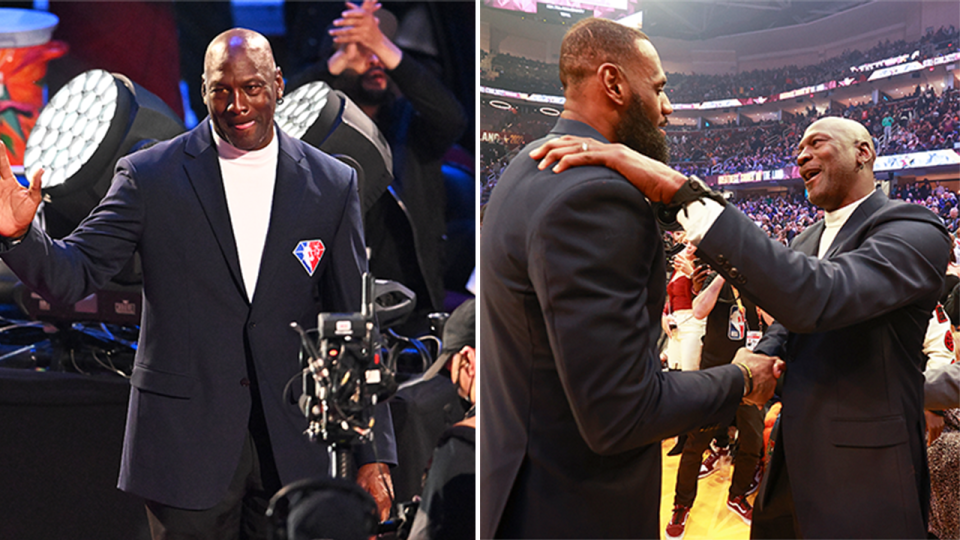 Michael Jordan (photo de gauche) remerciant la foule lors du match des étoiles de la NBA et (photo de droite) saluant LeBron James.